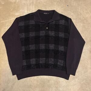 Vintage Knit Plaid Polo Sweater Mens XL Retro Pattern Pullover Long Sleeve XL